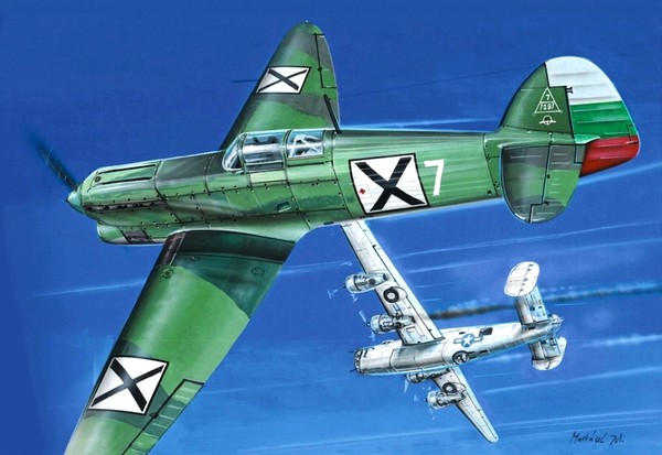 Bulgarian Avia B-135.105 (Av-135.105) attack a formation of American bombers (30th March 1944).
Художник - Zdenek Machácek / Painting by Artist Zdenek Machácek