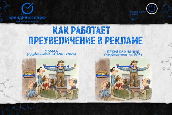 Как работает преувеличение в рекламе? 

Преувеличивать необходимо на 30%. Если Вы слегка приукрасили - это незаметно. Если Вы преувеличили на 100 ил 200% - это уже обман. 

Преувеличение является естественным способом понравиться. Каждый Человек немного преувеличивает свои преимущества – получить комплимент любят все. И рекламе без этого тоже не обойтись. Если Ваш продукт и продукт Вашего конкурента одинаковы, но кто-либо из Вас приукрасил в рекламе на 30% - покупатель пойдет именно ...

ЧИТАТЬ ПОЛНОСТЬЮ: http://brandmission.ru/node/kak-rabotaet-preuvelichenie-v-reklame-0